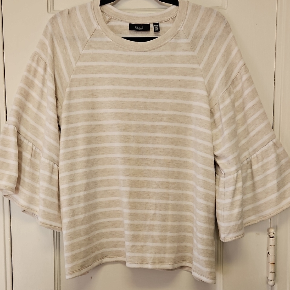 ELLA RAFAELLA Beige Striped Knit Top Bell Sleeves Size Small